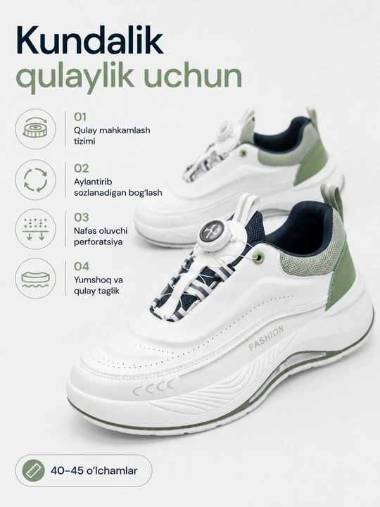 Krossovka erkaklar uchun FASHION, diskli tez mahkamlanadigan, oq-ko‘k va oq-yashil, 39–45