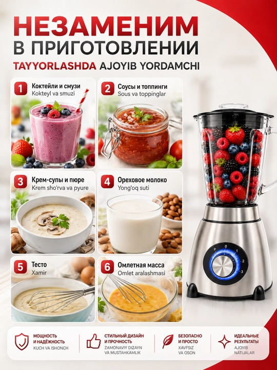 Blender Statsionar 1000-1500 Vt, 1.5 l, 3 tasi 1 da, kofe maydalagich bilan