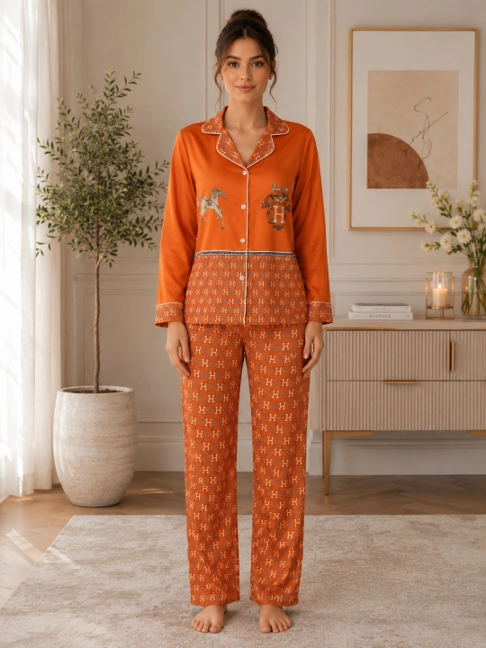 Ayollar uchun klassik pijama komplekti — ko‘ylak va uzun shim, 2 talik