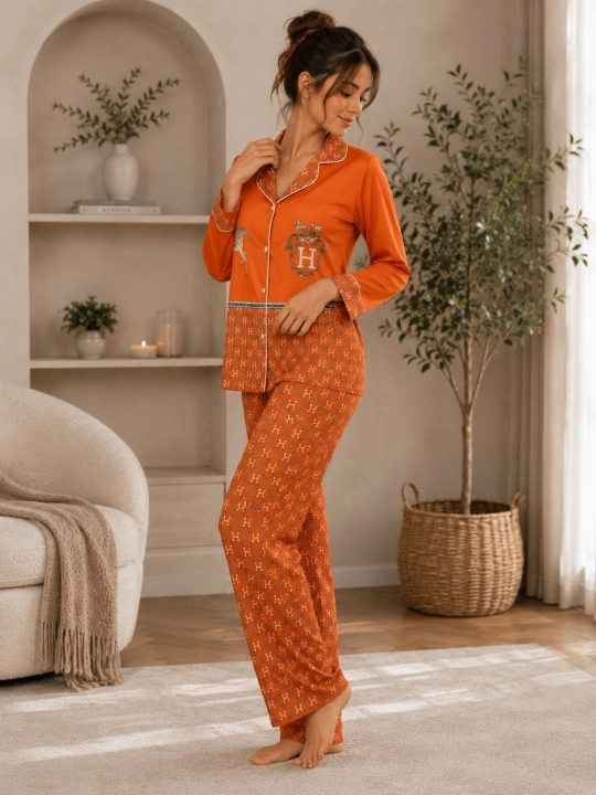 Ayollar uchun klassik pijama komplekti — ko‘ylak va uzun shim, 2 talik
