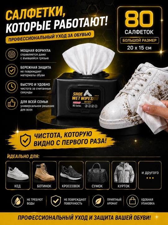 Салфетки для чистки обуви SHOE WIPES, для белой обуви, 80 шт - 