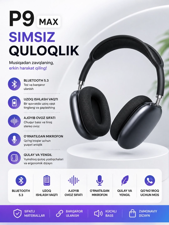 Simsiz Bluetooth quloqchinlar P9, toliq o'lchamli bluthooth naushnik - 