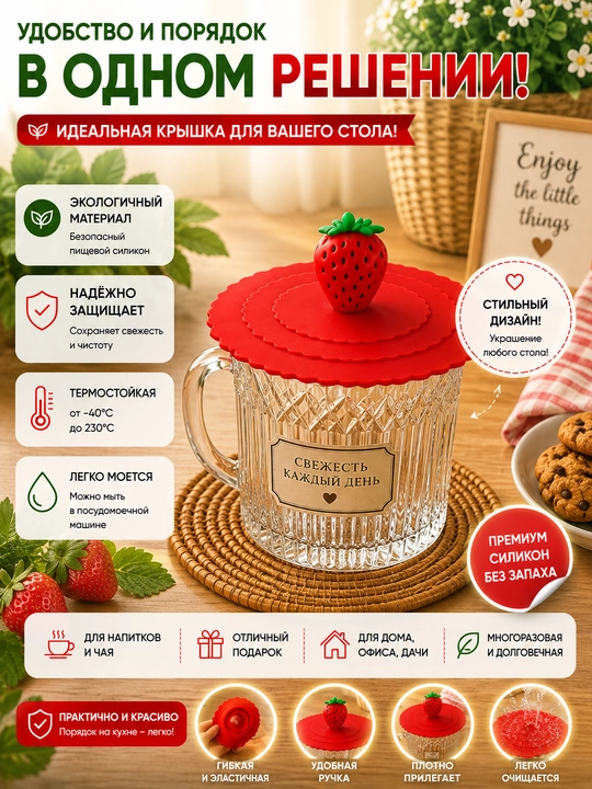 Силиконовая многоразовая крышка для чашки с милыми цветами - 