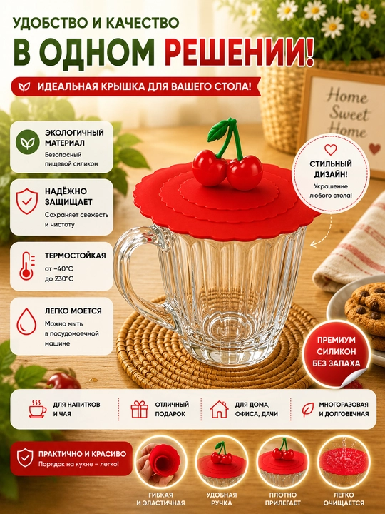 Силиконовая многоразовая крышка для чашки с милыми цветами - 