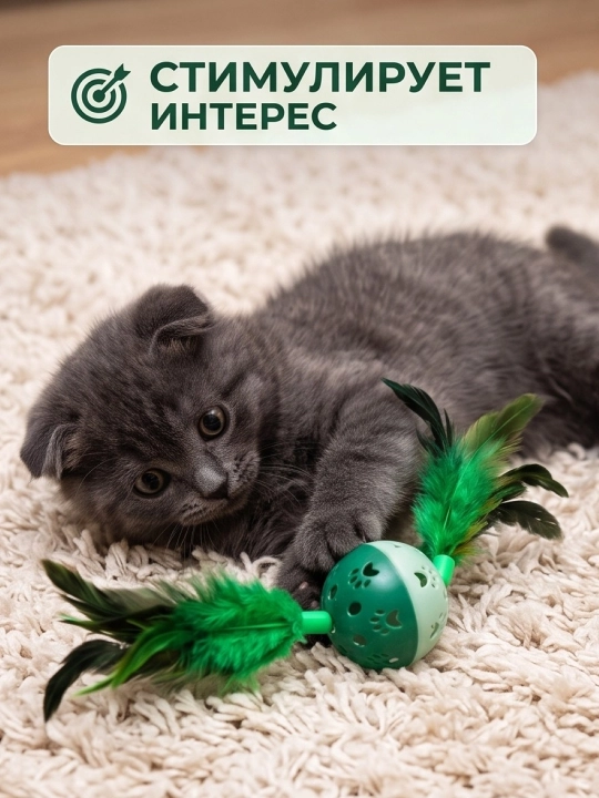 Игрушка для кошек и котят шарик с перьями и бубенчиком