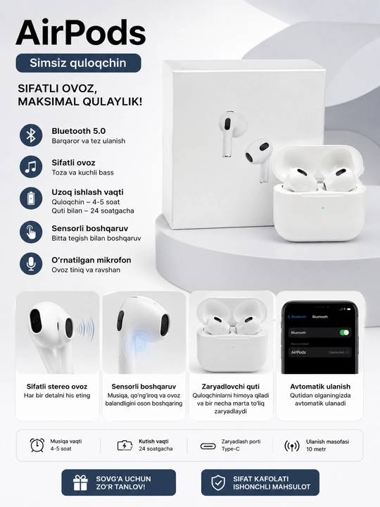 Simsiz quloqchinlar Pods Pro, sensorli, iPhone va Android uchun - 