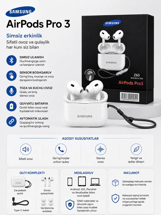 Simsiz quloqchinlar Pods Pro, sensorli, iPhone va Android uchun - 