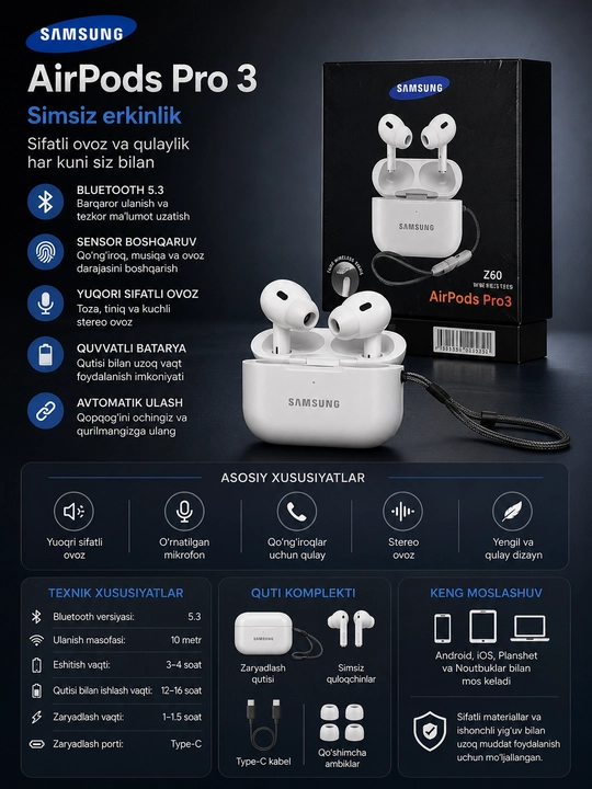 Simsiz quloqchinlar Pods Pro, sensorli, iPhone va Android uchun