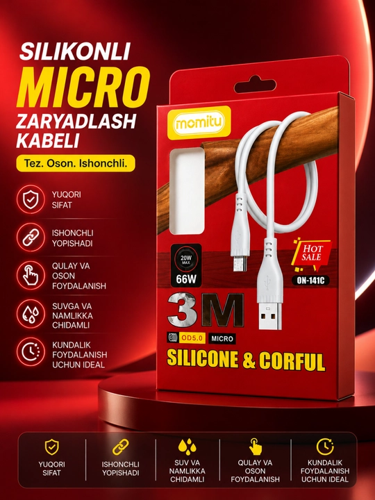 Inomitu Micro USB kabel 66W 3 metr -tez quvvatlash va ma’lumot uzatish uchun silikon kabel - 