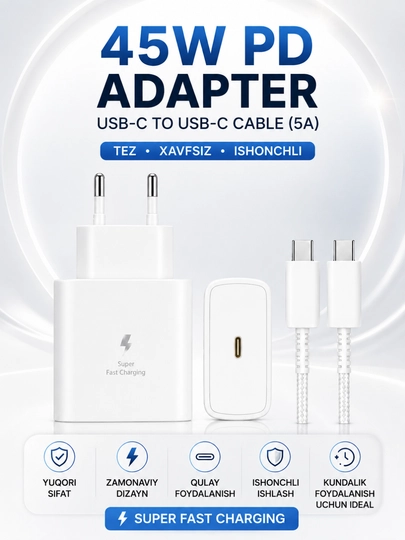 45W PD Tezkor Zaryadlovchi Adapter – USB-C 5A Kabel bilan Fast Charge Komplekti - 