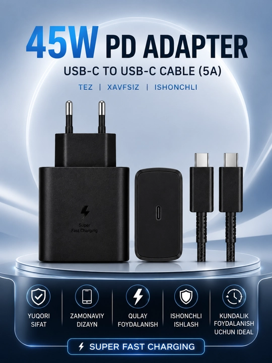Быстрое зарядное устройство 45W PD с кабелем USB-C to USB-C 5A Fast Charge - 