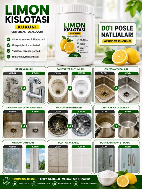 Limon kislotasi kukuni 1 kg — universal tozalovchi vosita