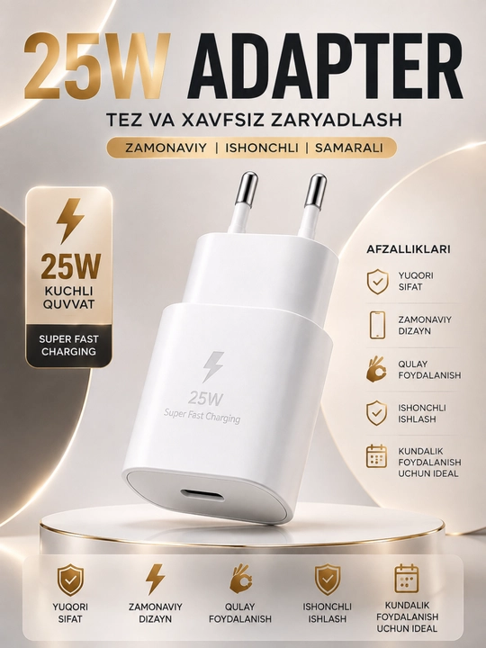 25W tarmoq adapteri | USB-C | Tez quvvatlash | Intellektual himoya | Universal - 