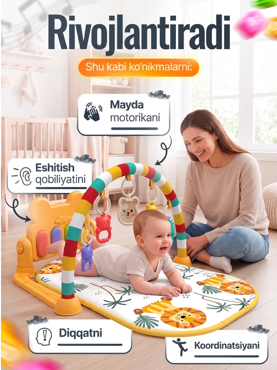 Развивающий музыкальный коврик с пианино и подвесными игрушками для малышей