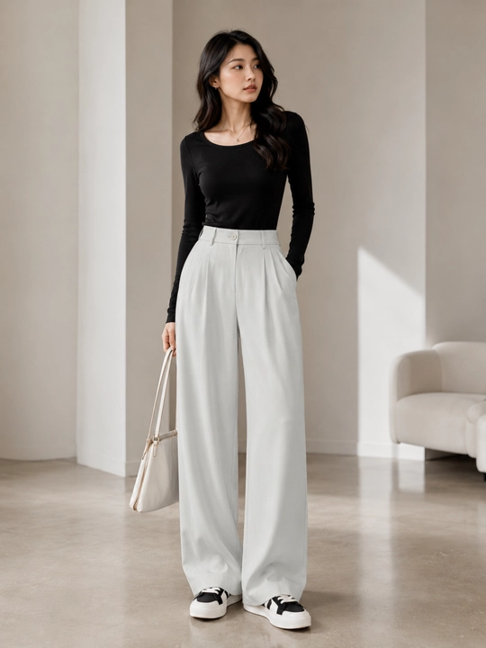 Ayollar uchun keng klassik shim, yuqori belli palazzo, kundalik, M–3XL