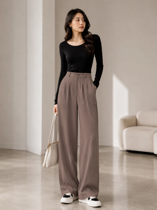 Ayollar uchun keng klassik shim, yuqori belli palazzo, kundalik, M–3XL