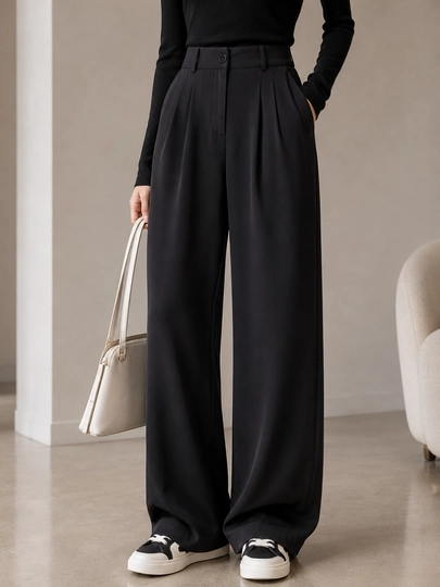 Ayollar uchun keng klassik shim, yuqori belli palazzo, kundalik, M–3XL
