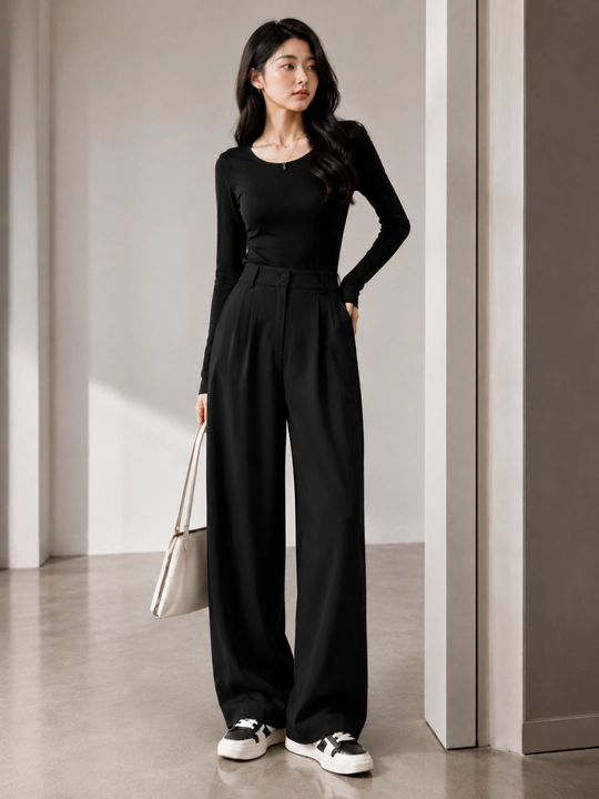 Ayollar uchun keng klassik shim, yuqori belli palazzo, kundalik, M–3XL