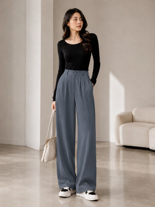 Ayollar uchun keng klassik shim, yuqori belli palazzo, kundalik, M–3XL