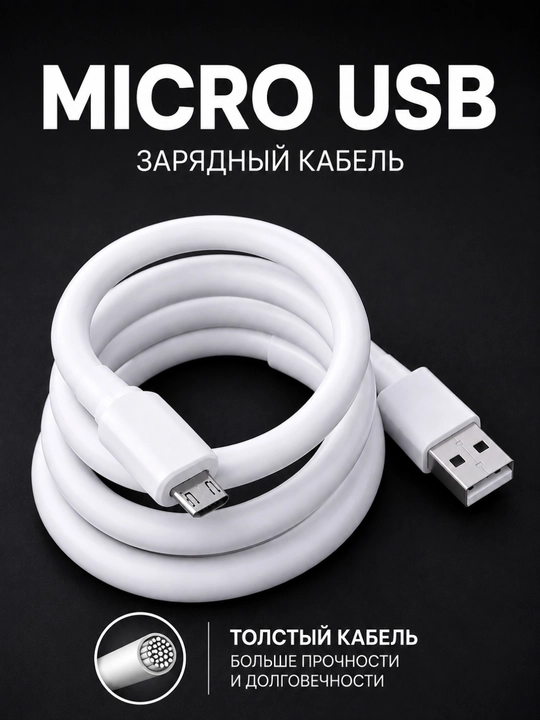 Толстый кабель Micro USB для быстрой зарядки USB-A → Micro USB Прочный кабель