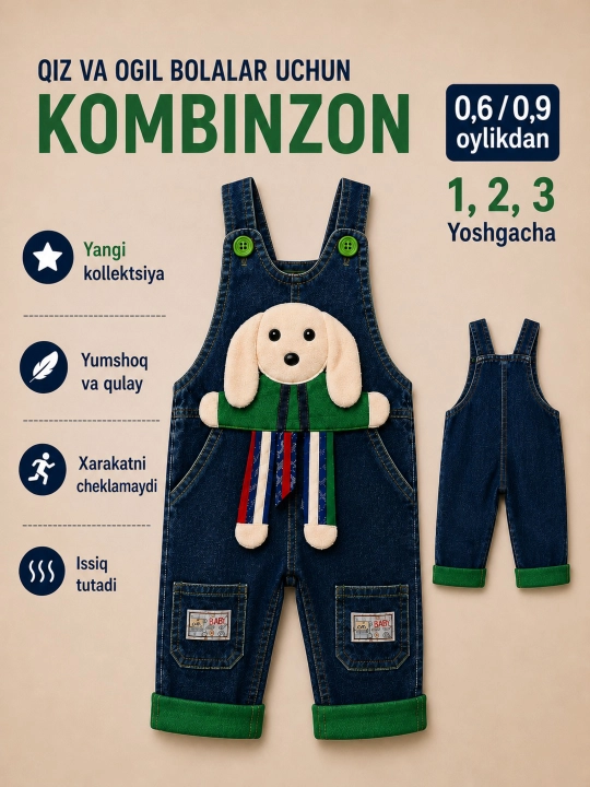 1-3 yoshli o‘g‘il va qiz bolalar uchun jinsi kombinezon - 