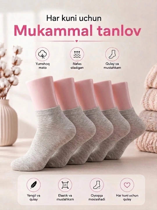 Qisqa va uzun erkaklar paypoqlari, 4, 6 va 7 juftlik, paxtadan, 37–43 o‘lcham, 2 xil rang - 