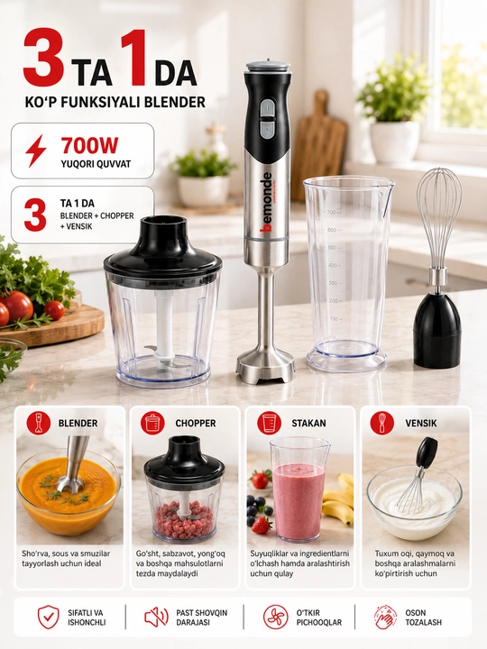 3 tasi 1 da Qo‘l Blenderi, 700 W, Chopper va Venchik bilan, 800 ml, Bemonde BM-HB1007