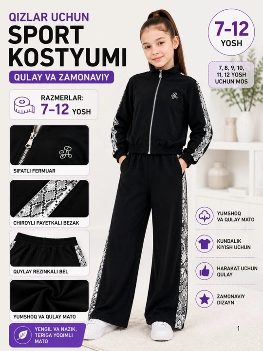 Qizlar uchun sport kostyumi dvoyka, yaltiroq lampasli, kuzgi, 7–13 yosh - 