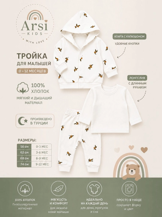 Комплект тройка для малышей, кофта, штанишки и шапочка - 