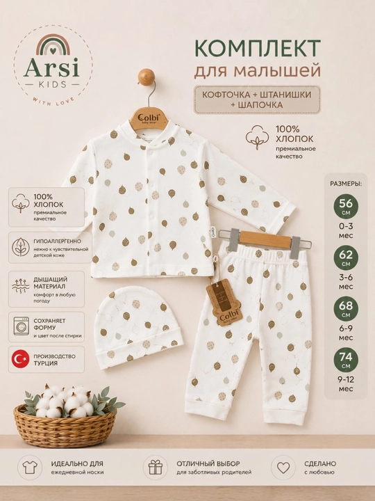 Комплект тройка для малышей, кофта, штанишки и шапочка - 