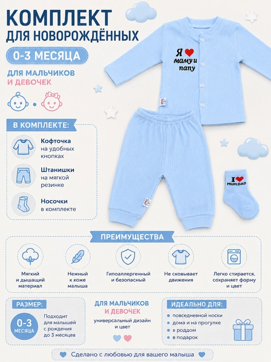 Детский комплект одежды из 3 предметов для девочек и мальчиков 0–4 месяца, подарок - 