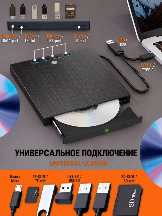 Внешний дисковод DVD-RW, DVD-ROM, CD-ROM 8 в 1. USB-хаб, высокая скорость чтения и записи