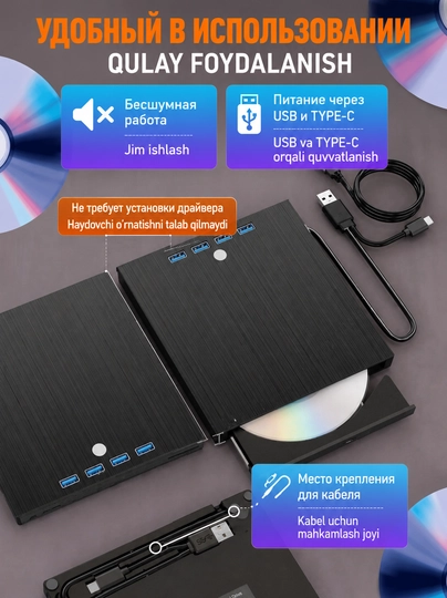 Внешний дисковод DVD-RW, DVD-ROM, CD-ROM 8 в 1. USB-хаб, высокая скорость чтения и записи