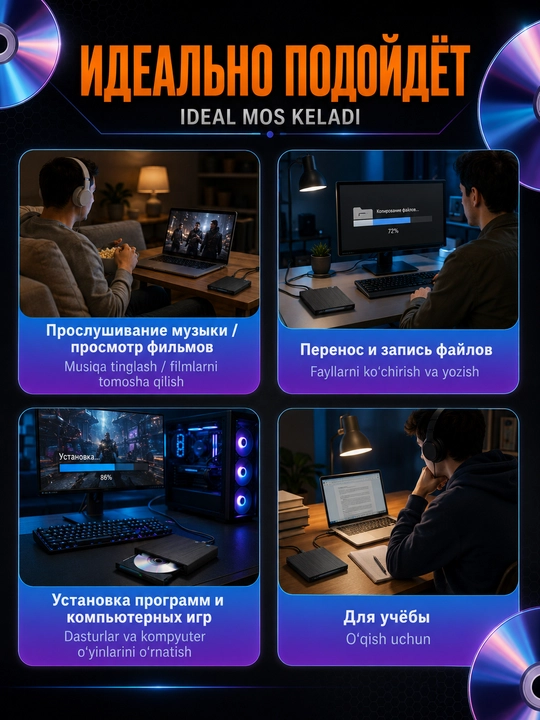 Внешний дисковод DVD-RW, DVD-ROM, CD-ROM 8 в 1. USB-хаб, высокая скорость чтения и записи