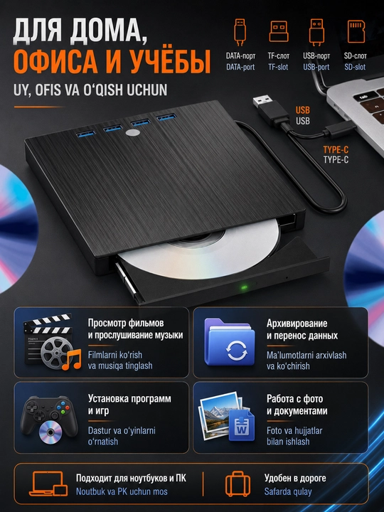 Внешний дисковод DVD-RW, DVD-ROM, CD-ROM 8 в 1. USB-хаб, высокая скорость чтения и записи