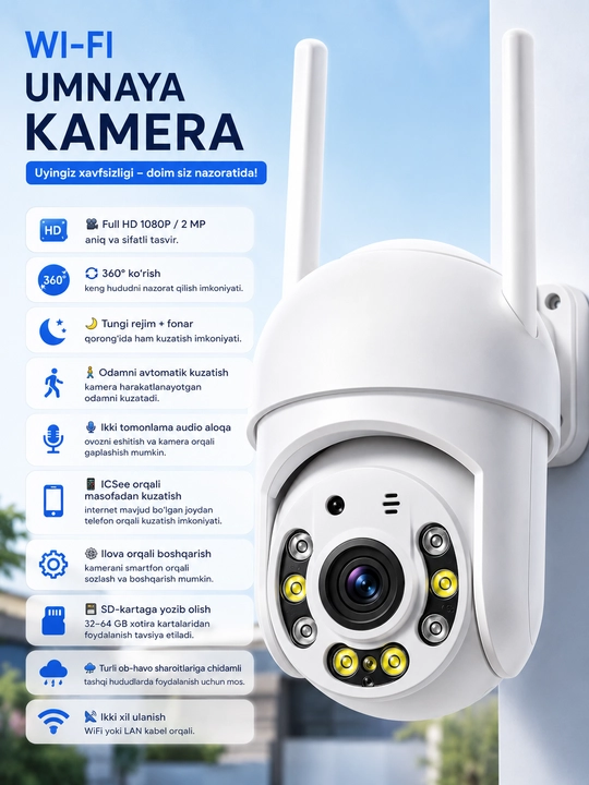 Kuzatuv kamerasi, Full HD 360 tashqi kamera, Wi-fi uy uchun aqlli kamera