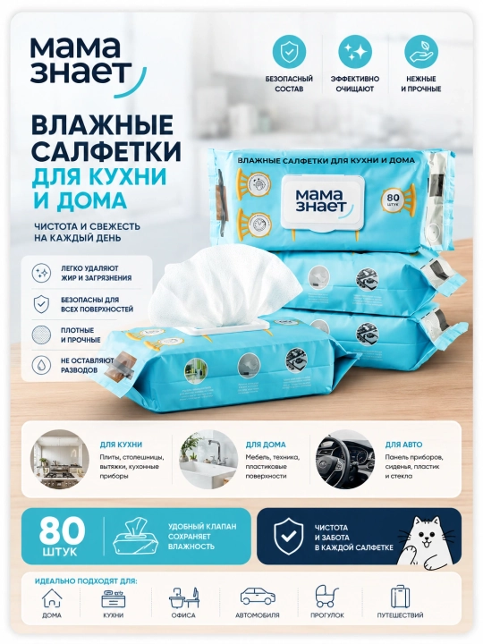 Влажные салфетки для кухни и дома Мама знает, от жира, с клапаном, 80 шт - 
