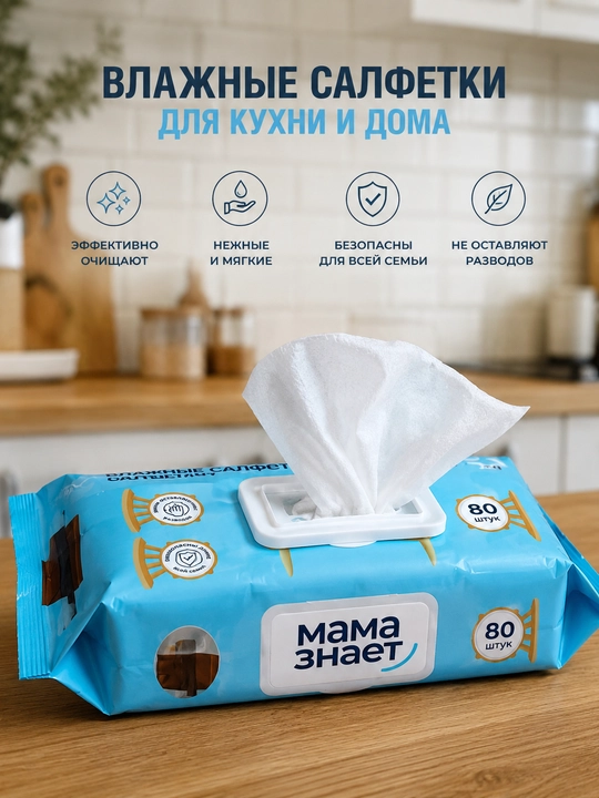 Влажные салфетки для кухни и дома Мама знает, от жира, с клапаном, 80 шт