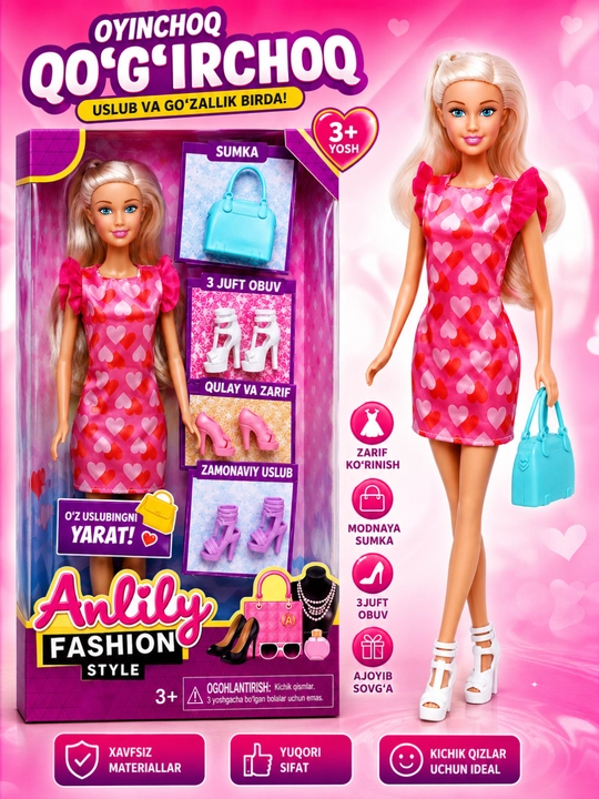 Barbi qo'g'irchoqlar to'plami, akssesuarlari bilan, +3