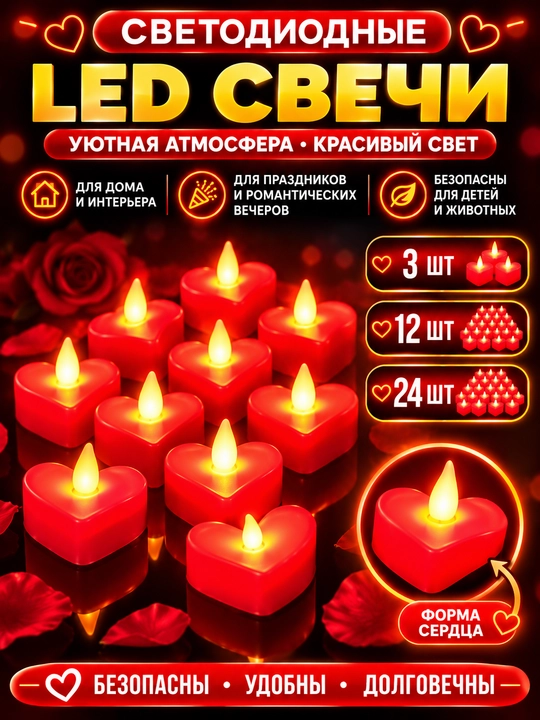 Беспламенные свечи со светодиодом, в форме сердца, свечи в форме сердца, набор свечей - 