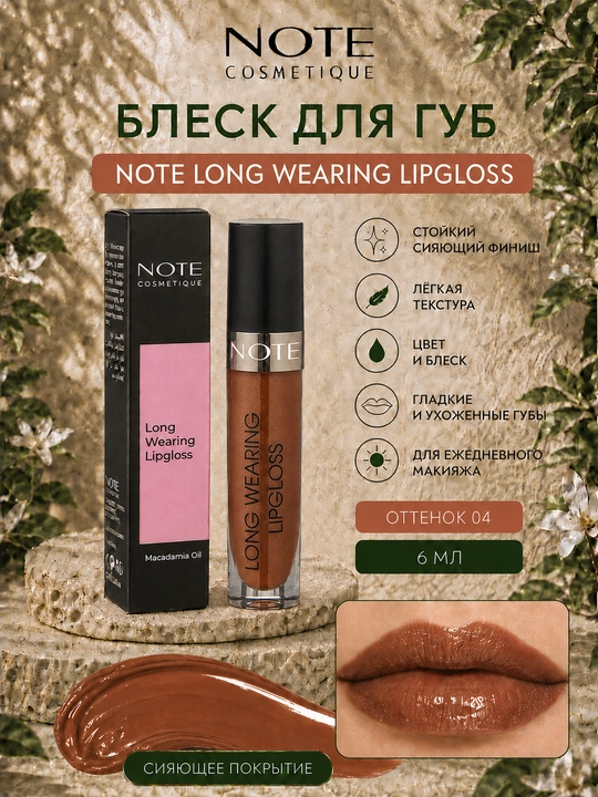 Блеск для губ NOTE Long Wearing Lipgloss, 6 мл, оттенки 01 02 03 04 07, стойкий сияющий - 