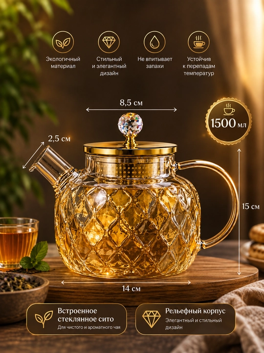 Стеклянный чайник, термостойкий, с встроенным ситечком, 1000 мл, 1500 мл