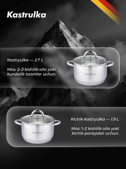 Кастрюля Haus Roland, из нержавеющей стали со стеклянной крышкой, объём от 1.9 до 11.6 л