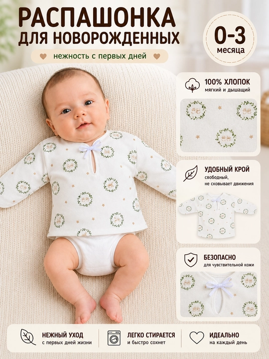 Распашонка для новорождённых 0–3 месяца, 100% хлопок, мягкая, удобная одежда для малыша - 