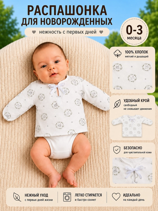 Распашонка для новорождённых 0–3 месяца, 100% хлопок, мягкая, удобная одежда для малыша - 