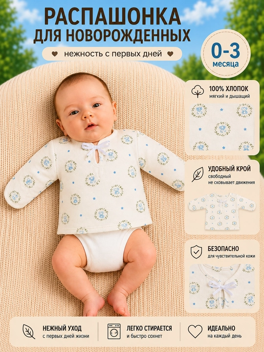 Распашонка для новорождённых 0–3 месяца, 100% хлопок, мягкая, удобная одежда для малыша - 