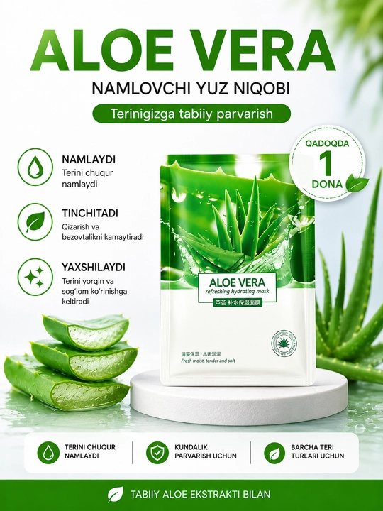 Aloe vera bilan yuz uchun niqob - namlovchi va tinchlantiruvchi - 