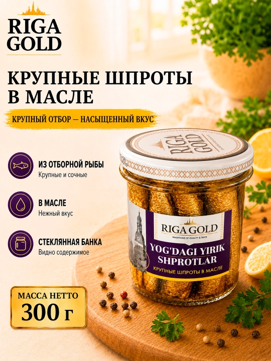 Riga Gold yirik shprotlar yog‘da, 300 gr - 
