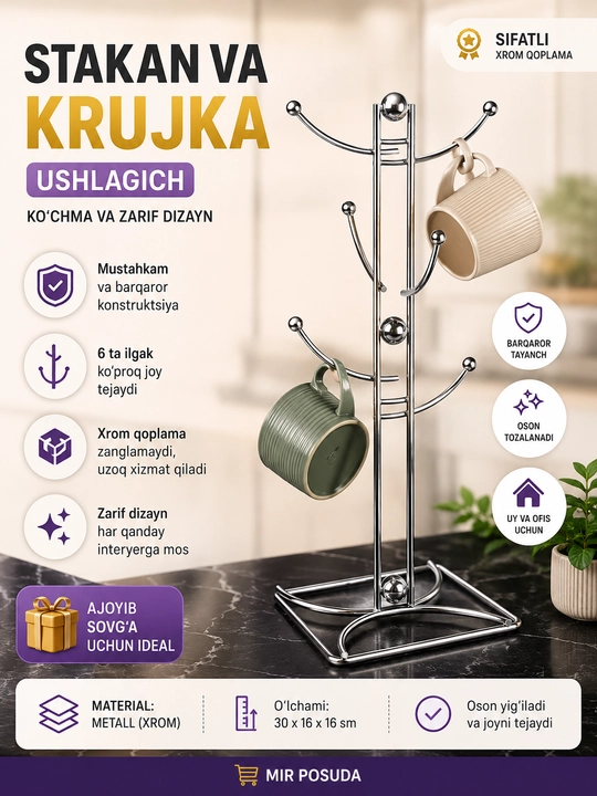 Idish-tovoq quritgich — piyola, bokal va tarelkalar uchun ushlagich - 