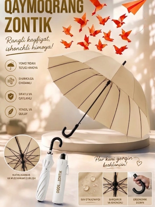 Zontik klassik, yomg‘ir va shamoldan himoya, 6 rang, mustahkam karkas, qulay dastak